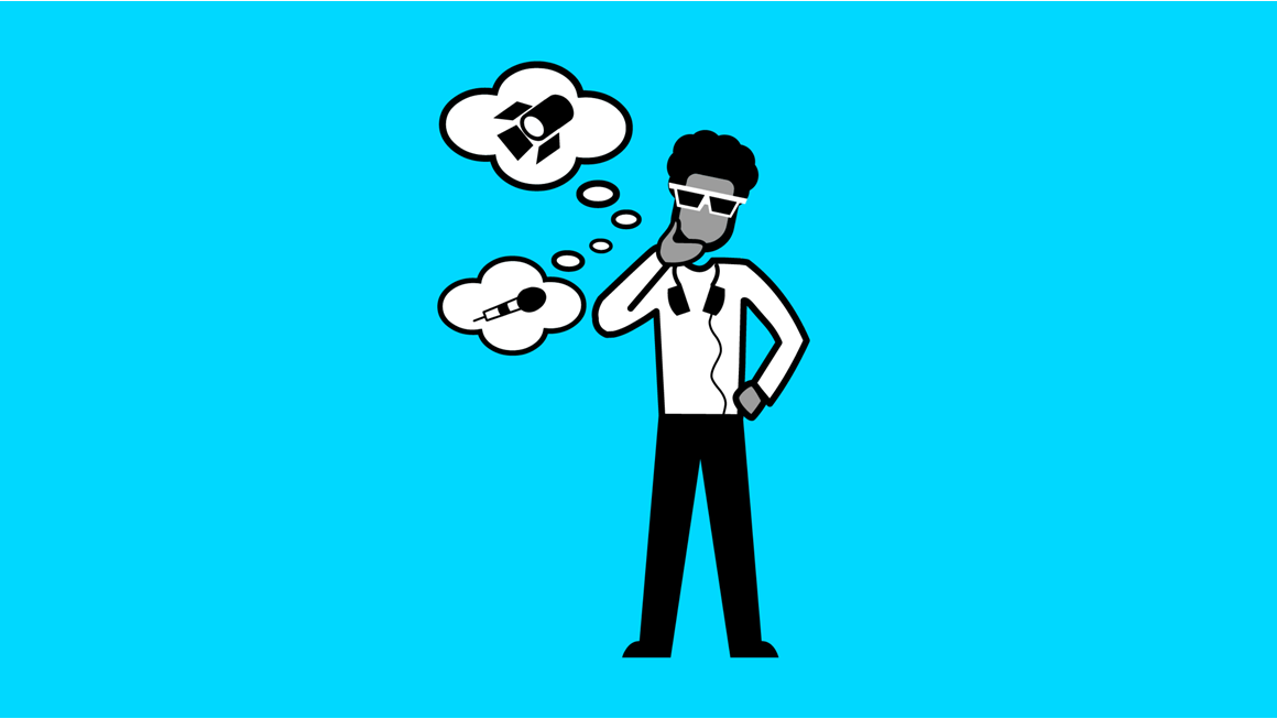 Cartoon graphic of a man standing against a blue background with speech bubbles