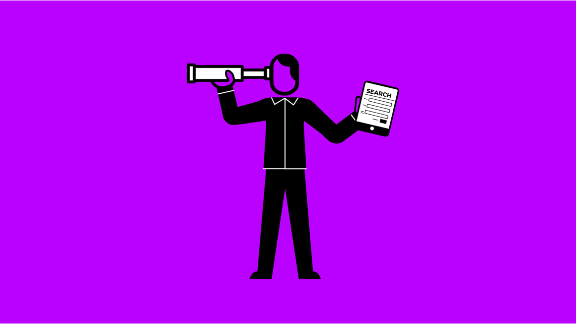 A cartoon figure holding a telescope and a tablet.