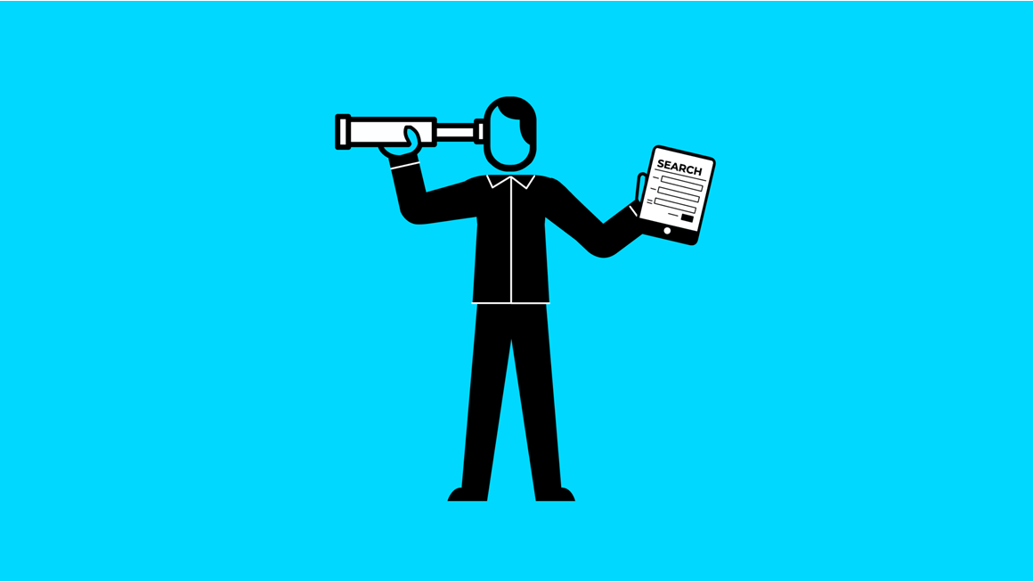 A cartoon figure holding a telescope and a tablet.
