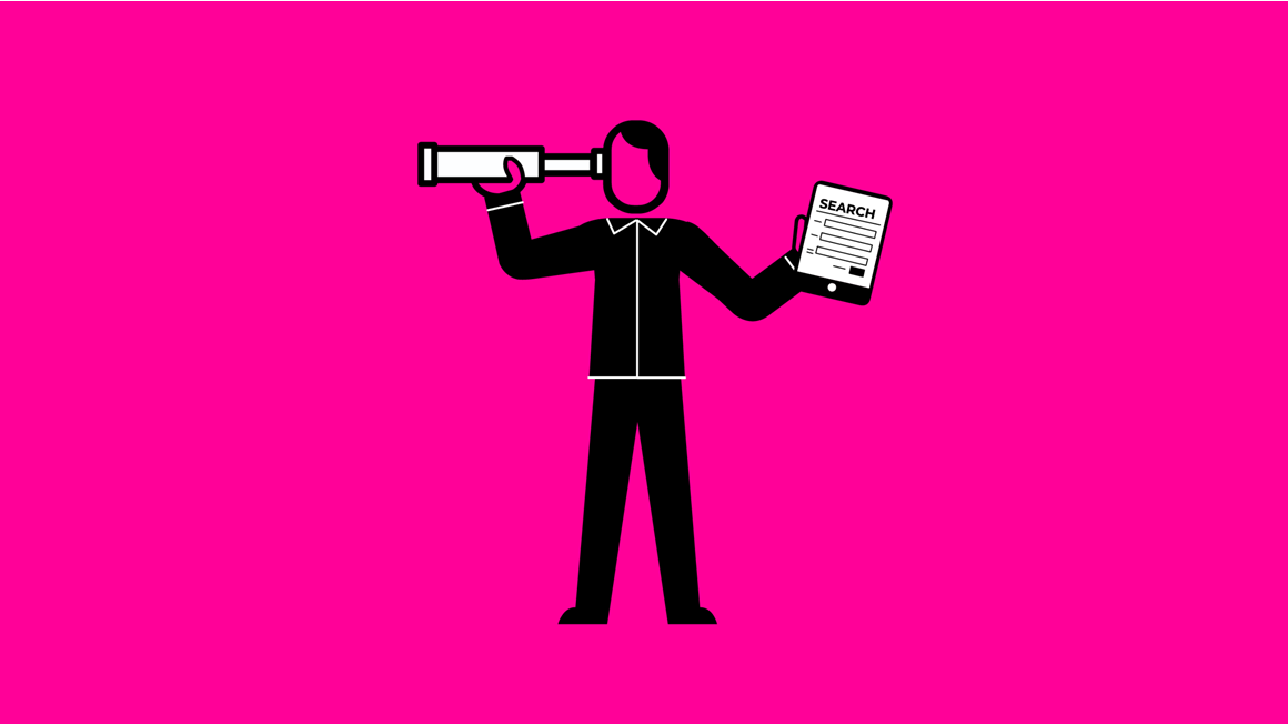 A cartoon figure holding a telescope and tablet.