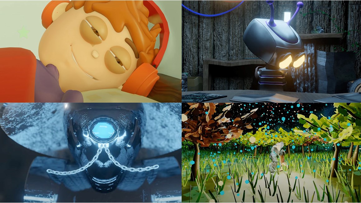 Four images from four of the films made by previous 3dami artists, featuring a young boy wearing orange headphones, a robot with lamp-like eyes, an insectoid robot and a forest under a black sky - all in different animation styles
